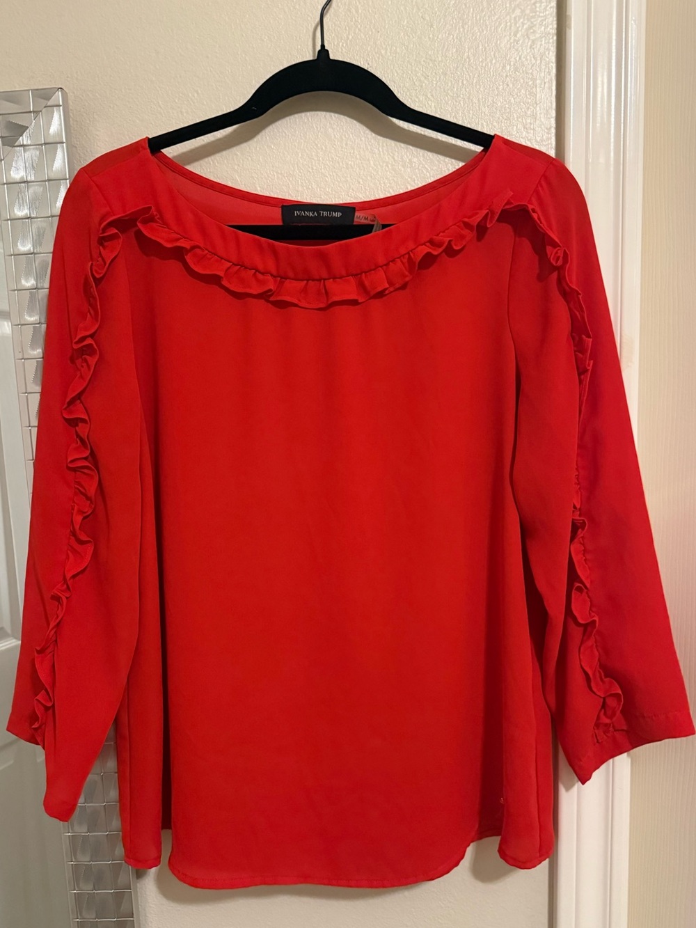 Ivanka Trump Long Sleeve Ruffle-Trim Red Blouse - Size Medium